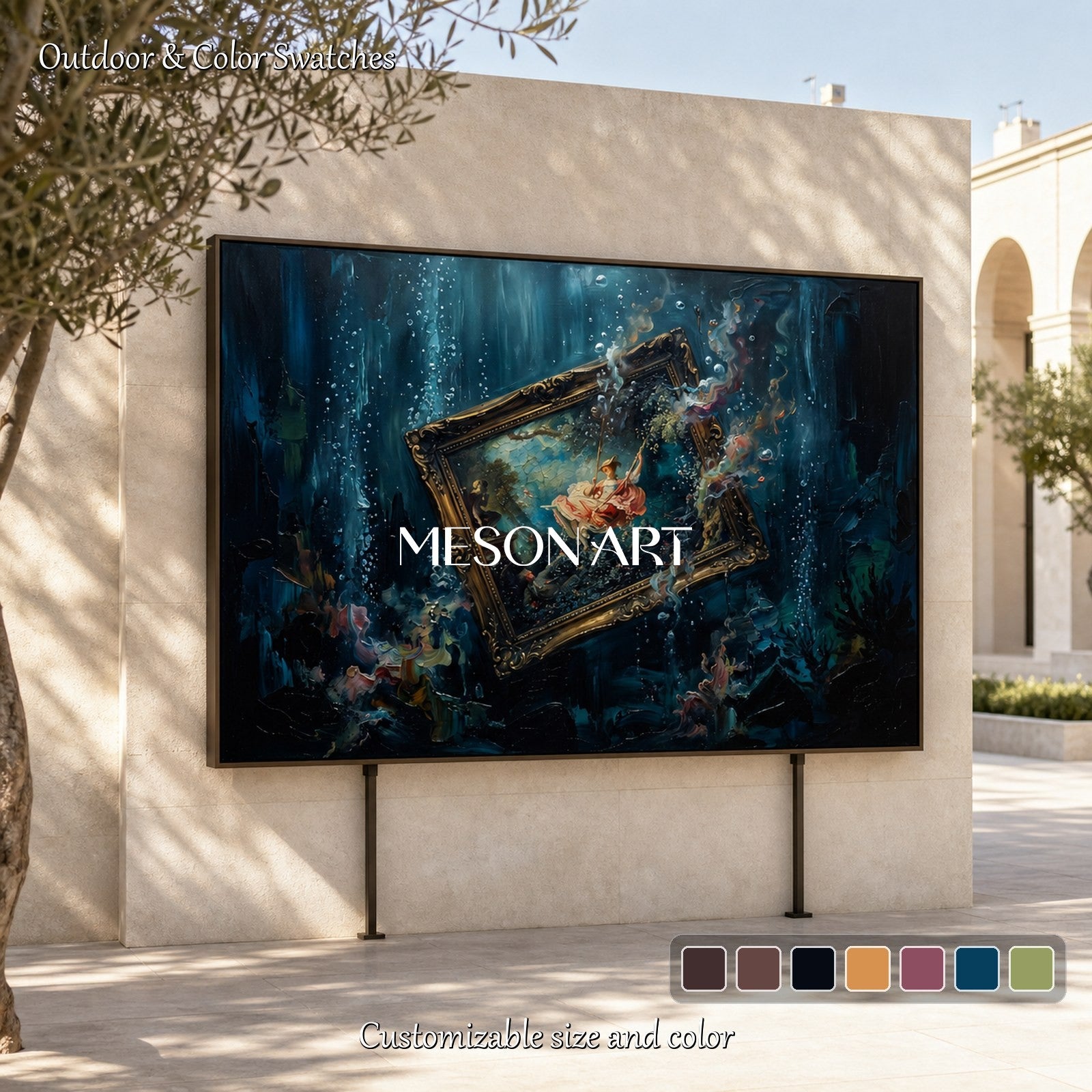 Blue And Gold Surrealism Art Contemporary Symbolic Painting Rectangular Wall Decor For Living Room By Mesonart