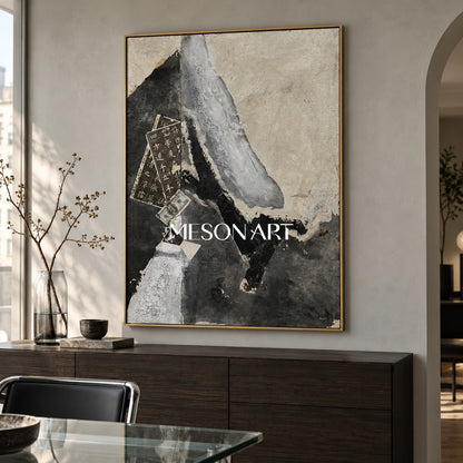 Black And White Abstract Painting Rectangular Wall Art Modern Textured Mixed Media Original By Mesonart
