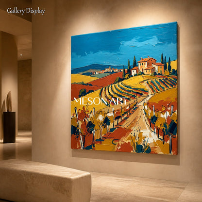 Blue And Gold Contemporary Figurative Vineyard Landscape Square Painting Original Art By Mesonart