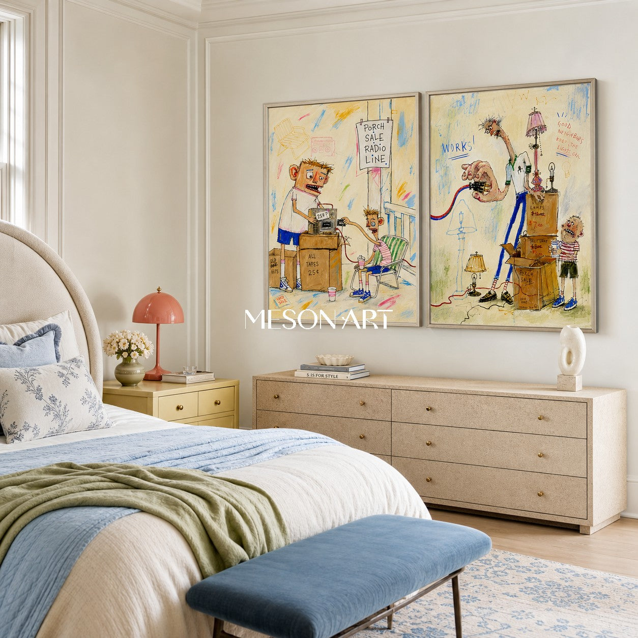 Beige And Blue Graffiti Figurative Cartoon Rectangular Wall Art Original Artist Hand Painted For Living Room By Mesonart