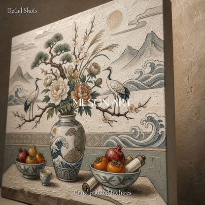 Japanese Inspired Still Life Art With Cranes And Peonies For Calm Living Spaces