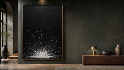 Abstract Black White Explosion Painting Original Oil Art For Modern Living Room Entryway Decor