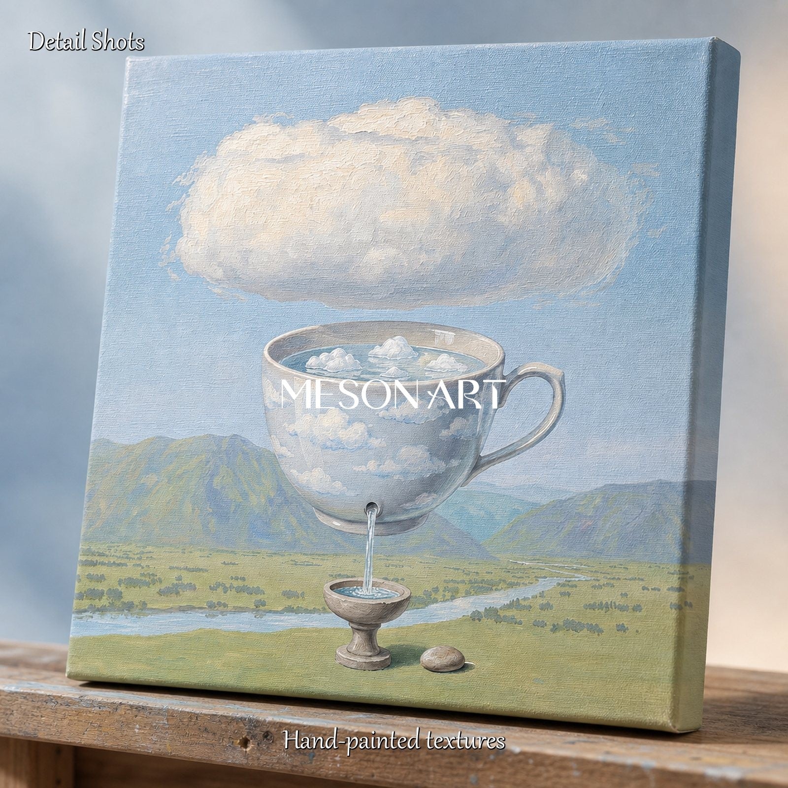 Surrealist Landscape Painting With Giant Cup Pouring Clouds For Modern Home Decor