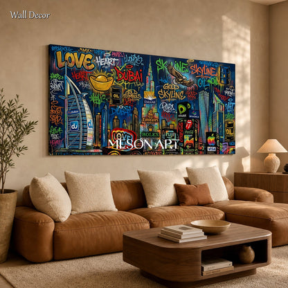 Black And Gold Graffiti Painting Panoramic Wall Art Original Artist Banksy Style For Living Room By Mesonart