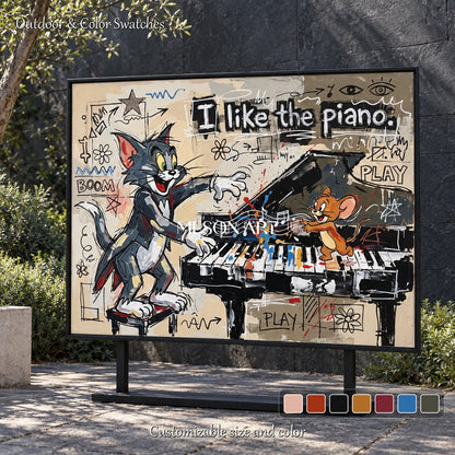 Beige And Black Cartoon Wall Art Rectangular Pop Anime Original Artist Hand Painted Tom And Jerry By Mesonart