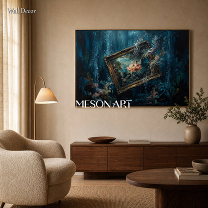 Blue And Gold Surrealism Art Contemporary Symbolic Painting Rectangular Wall Decor For Living Room By Mesonart