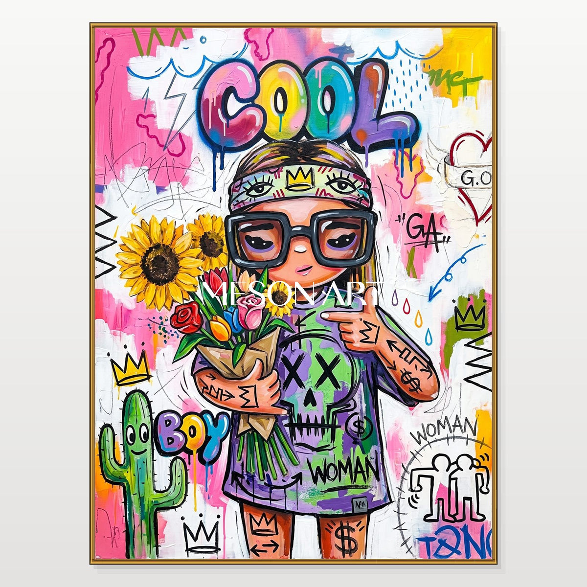 Pink And Yellow Graffiti Art Cool Girl Painting Rectangular Wall Decor For Living Room By Mesonart