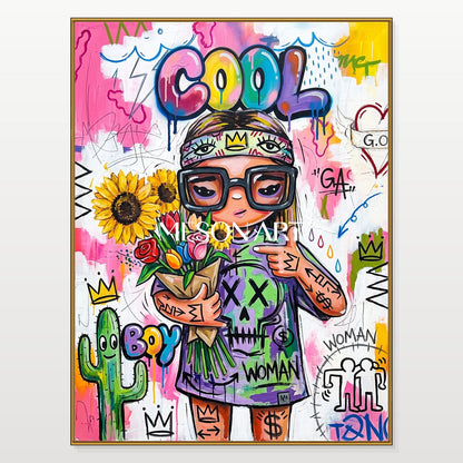Pink And Yellow Graffiti Art Cool Girl Painting Rectangular Wall Decor For Living Room By Mesonart