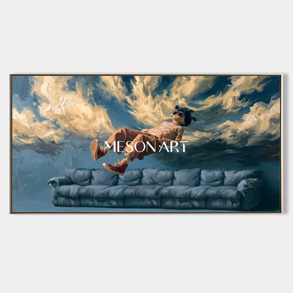 Blue And Brown Surrealist Painting Weightless Scene Panoramic Wall Art For Living Room By Mesonart