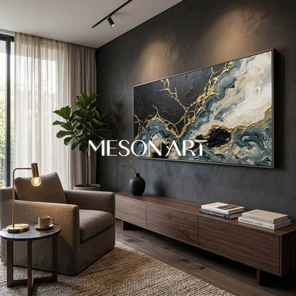 Large Black And Gold Abstract Painting With Plaster Texture For Modern Living Room Decor