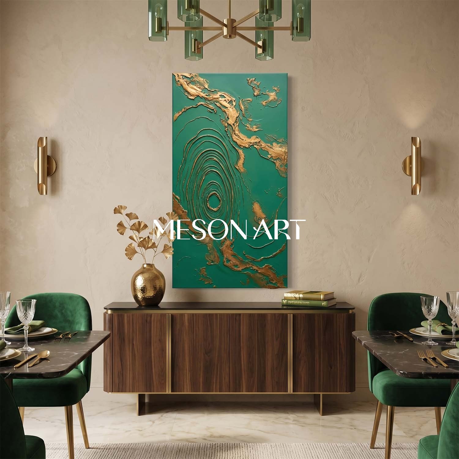 Large Green And Gold Abstract Wall Art For Modern Entryway Decor