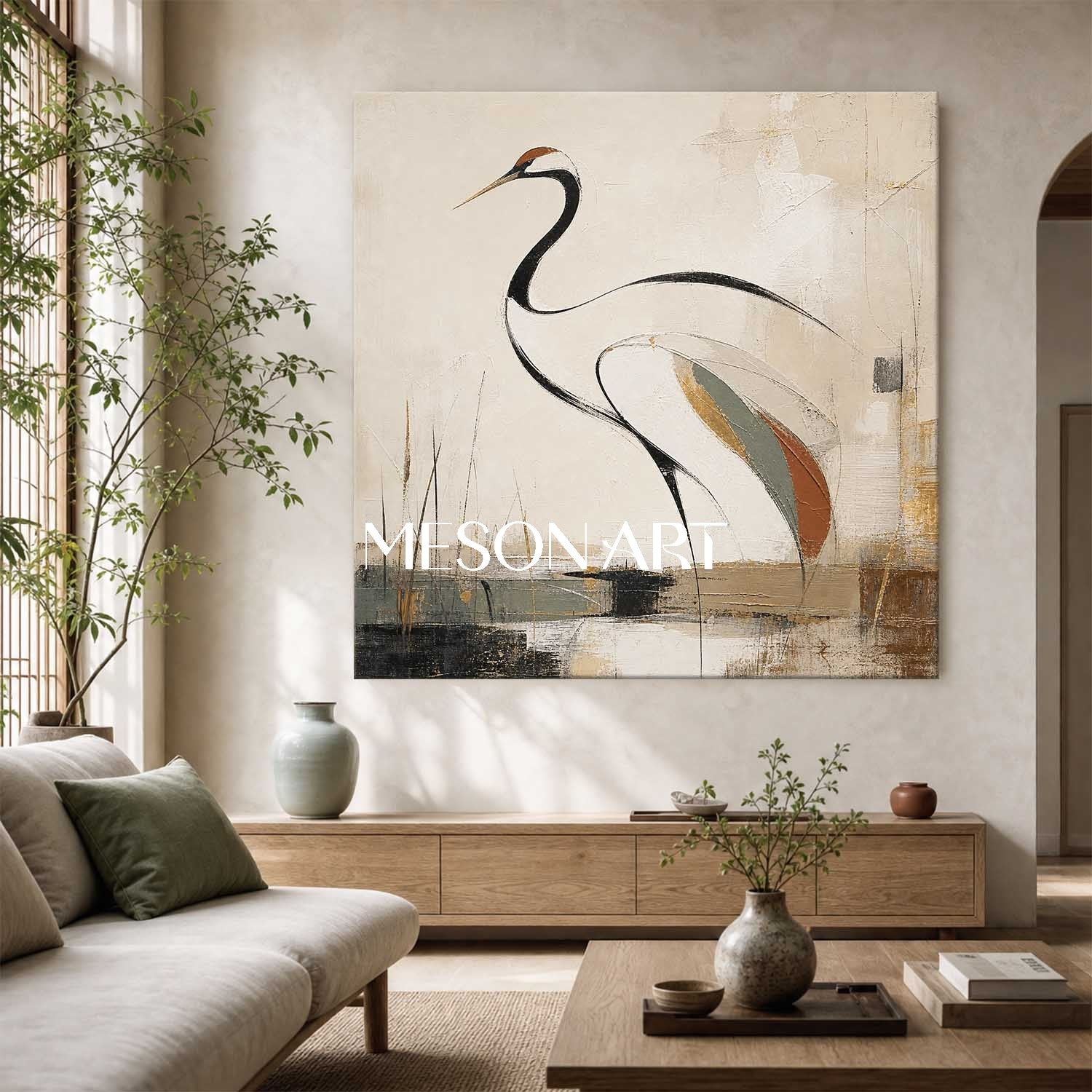 Minimalist Crane Painting Elegant Bird Art For Modern Home Decor