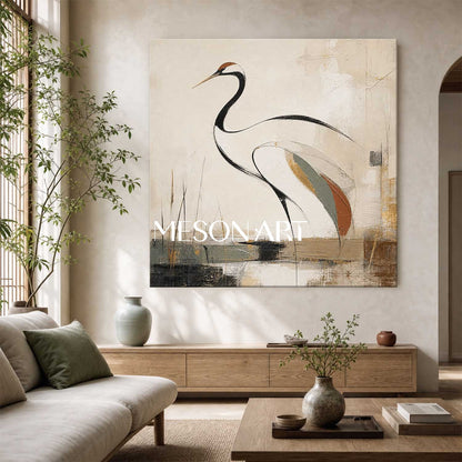 Minimalist Crane Painting Elegant Bird Art For Modern Home Decor