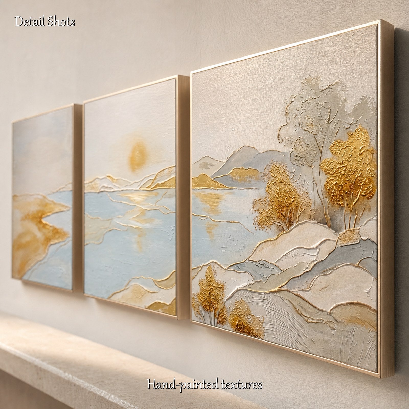 Trittico Art Déco raffigurante il paesaggio di Gold Lake, con pennellate delicate, per salotti moderni