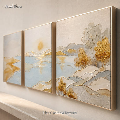 Trittico Art Déco raffigurante il paesaggio di Gold Lake, con pennellate delicate, per salotti moderni