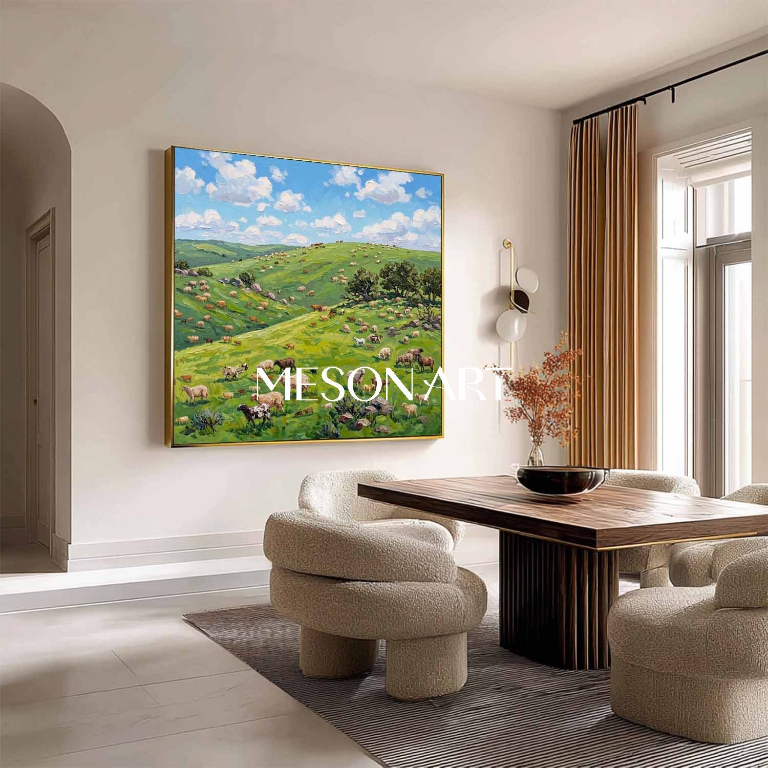 Green Pasture Landscape Oil Painting With Cows For Modern Farmhouse Living Room Decor