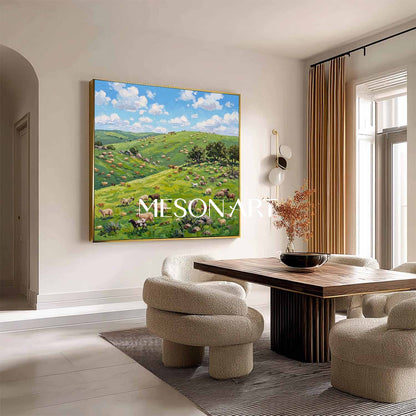 Green Pasture Landscape Oil Painting With Cows For Modern Farmhouse Living Room Decor