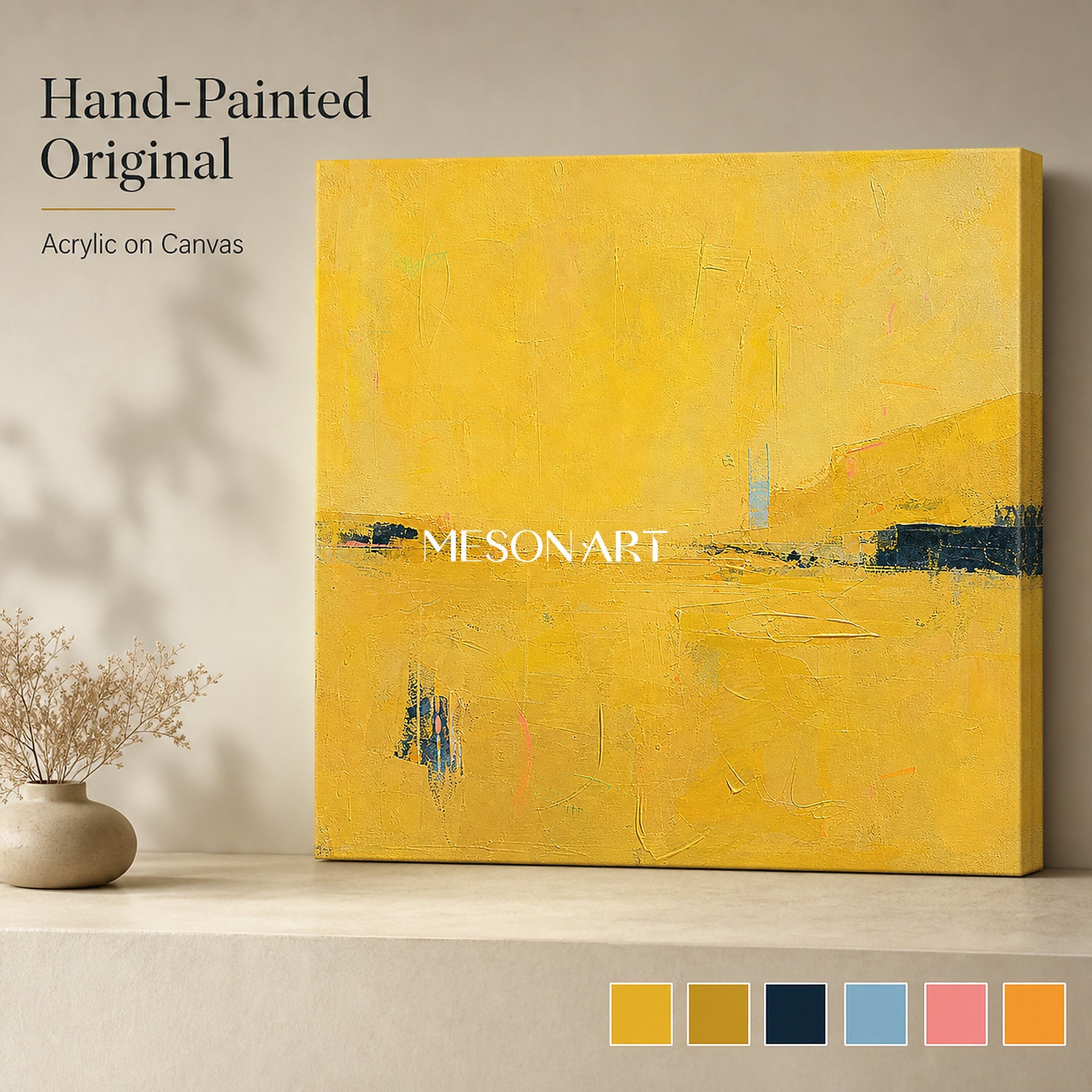 Golden Yellow Abstract Art For Living Room Entryway Minimalist Wall Decor