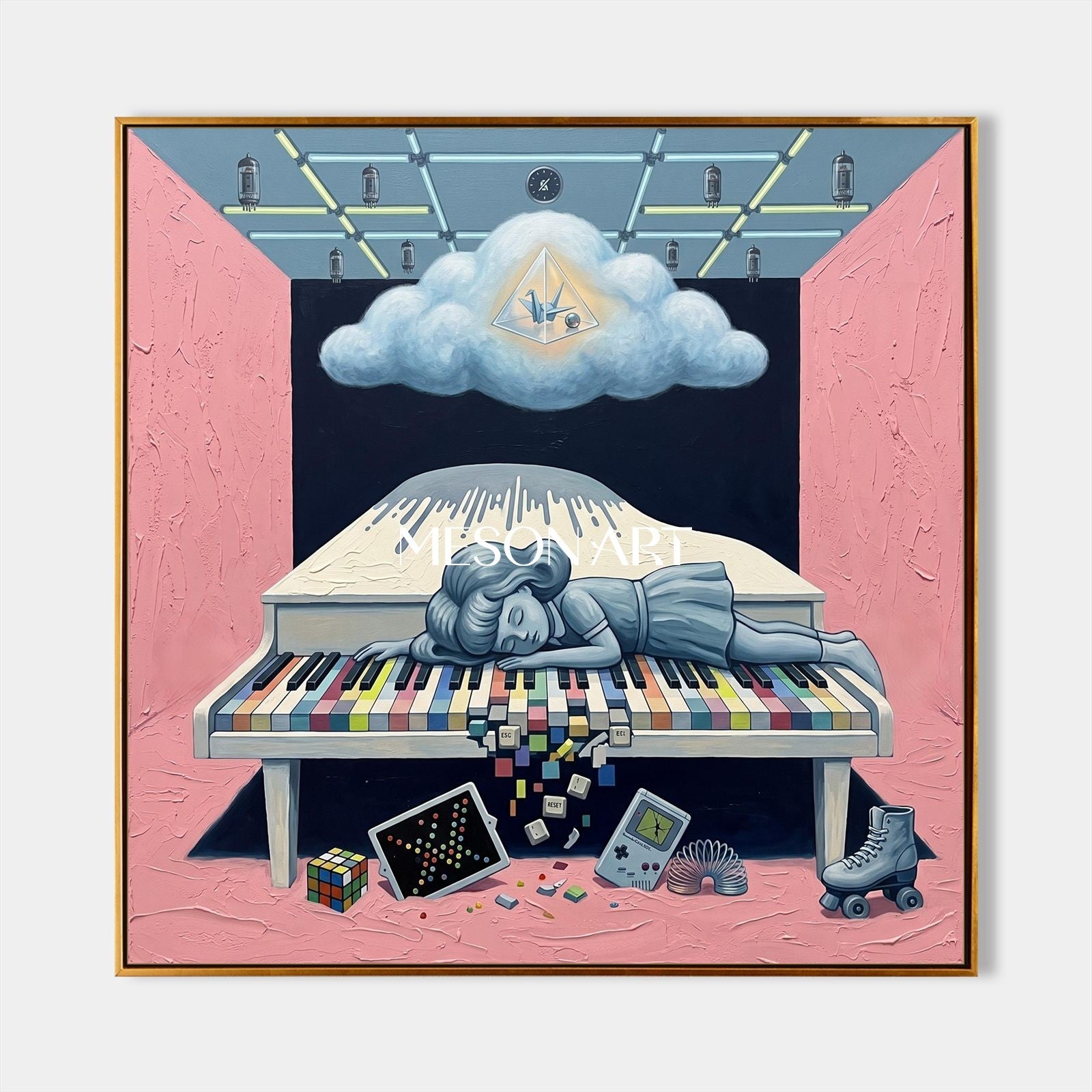 Pink And Blue Surrealism Painting Square Original Artist Hand Painted Contemporary Art Wall Decor For Living Room By Mesonart