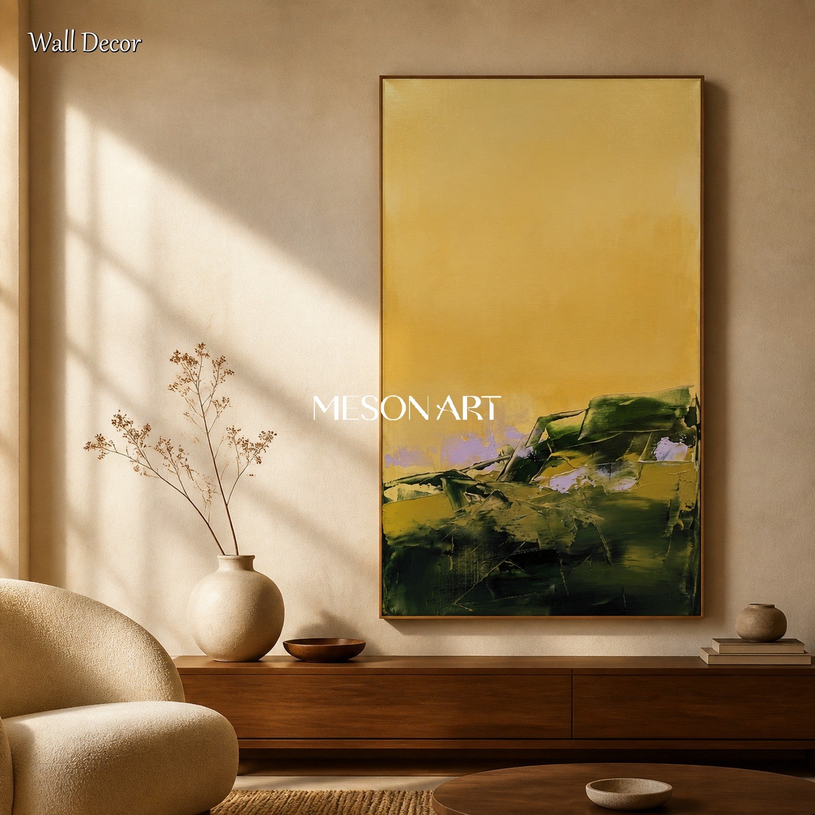 Gold And Green Painting Textured Abstract Contemporary Art Panoramic Wall Decor For Living Room By Mesonart