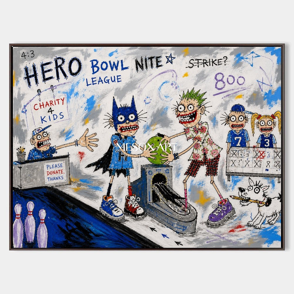 Blue And White Graffiti Cartoon Bowling Art Rectangular Wall Decor Original Artist Hand Painted By Mesonart