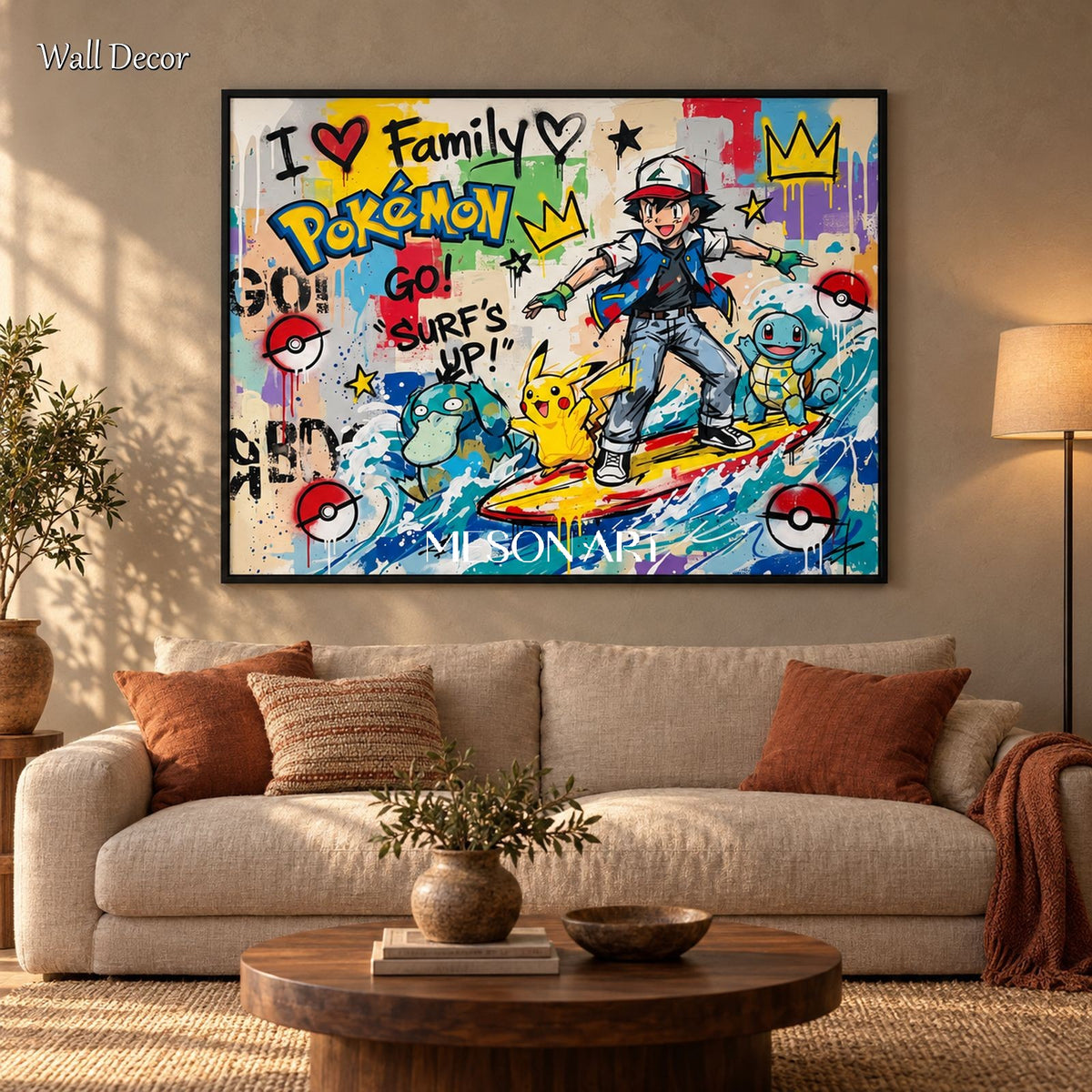 Yellow And Blue Pokemon Graffiti Gaming Art Rectangular Wall Decor For Living Room By Mesonart
