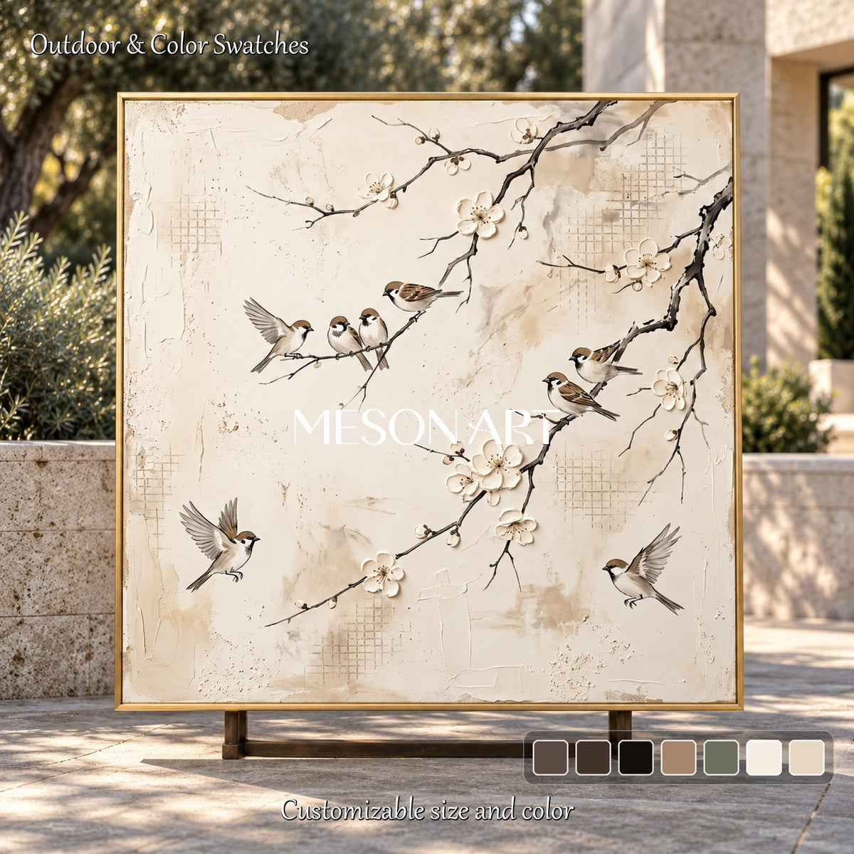 Beige And White Sparrow Painting Square Wall Art Original Artist Hand Painted By Mesonart
