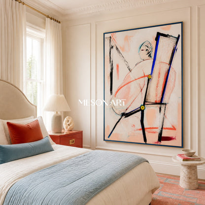 Pink And Black Expressionist Modern Figurative Abstract Art Rectangular Wall Decor For Living Room By Mesonart