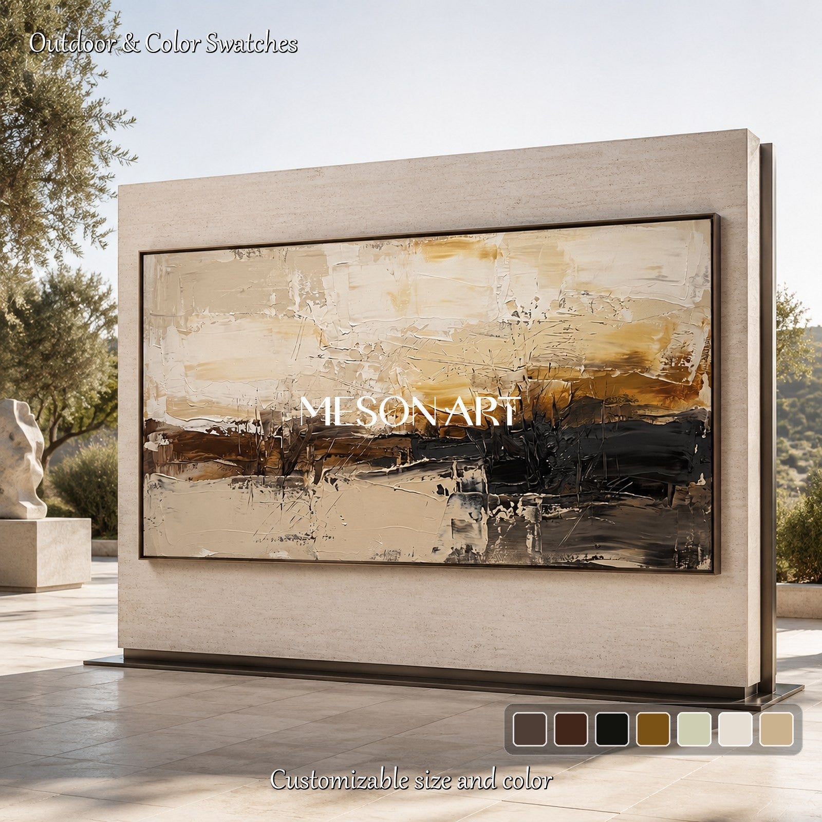 Beige And Black Abstract Landscape Painting Panoramic Wall Art For Living Room By Mesonart