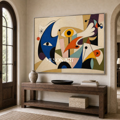 Pittura astratta surrealista con toni blu e arancioni per l'arredamento moderno della casa