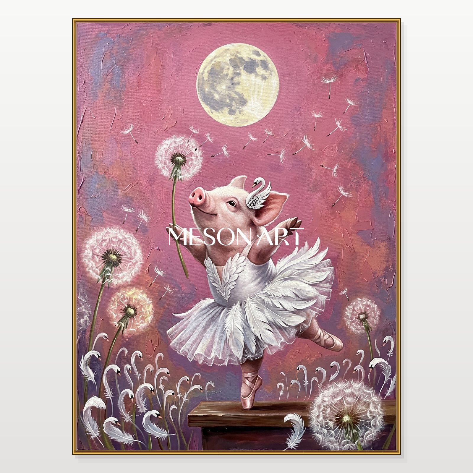 Pink And White Surrealist Painting Of Swan Dancing Pig Original Artist Rectangular Wall Art For Bedroom By Mesonart