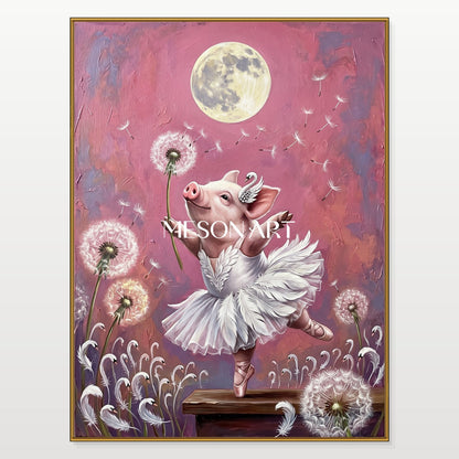 Pink And White Surrealist Painting Of Swan Dancing Pig Original Artist Rectangular Wall Art For Bedroom By Mesonart