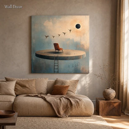 Surrealist Abstract Painting With Floating Chair For Modern Living Room Decor