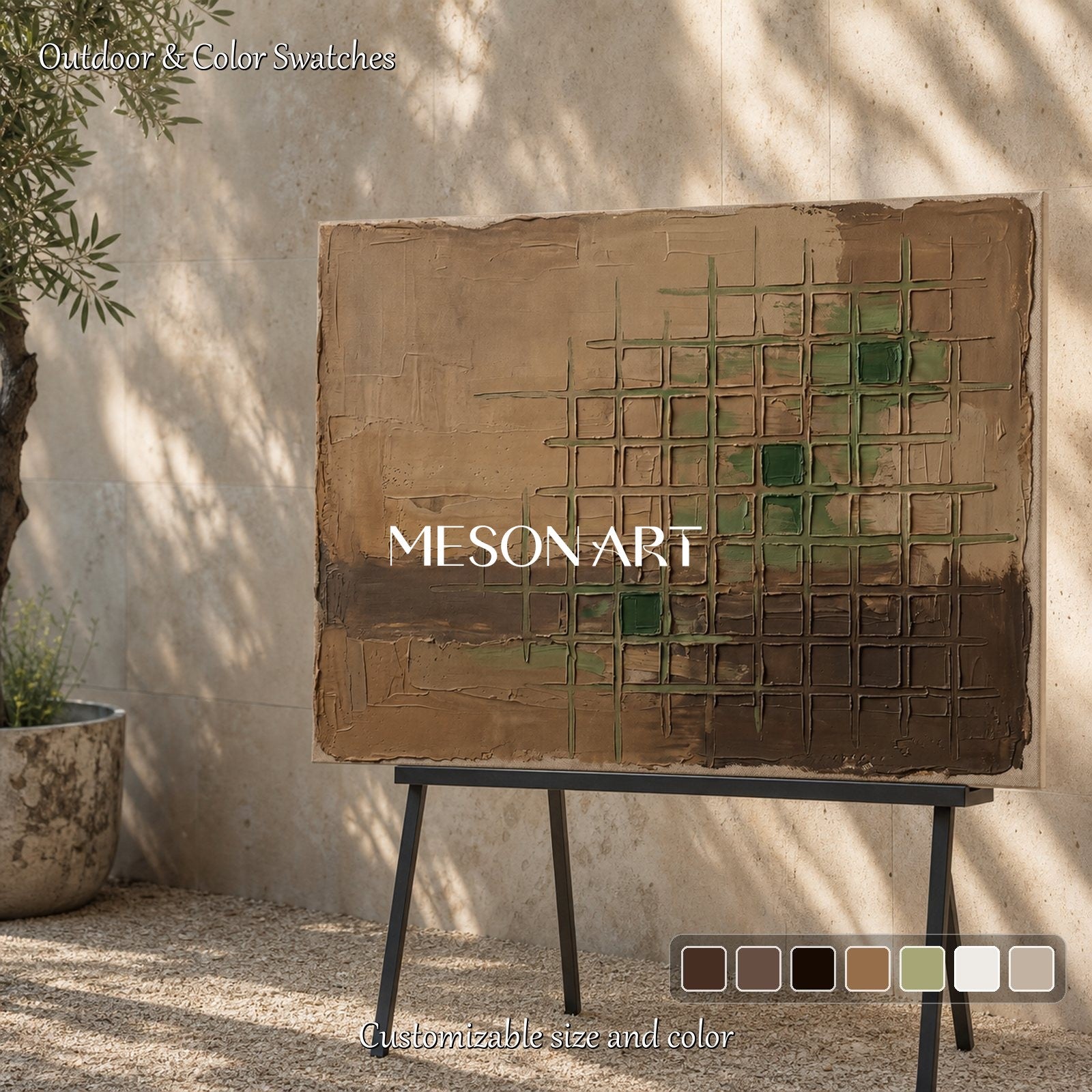 Minimalist Abstract Art With Earthy Tones And Textured Grid Pattern For Modern Living Spaces