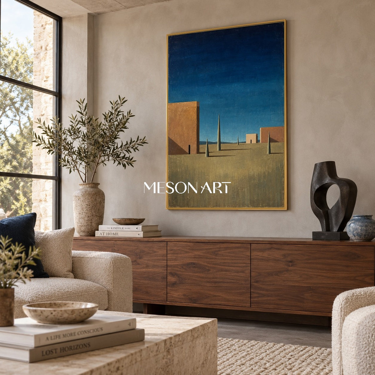 Blue Brown Surrealist Metaphysical Architectural Geometric Nostalgic Rectangular Wall Art By Mesonart