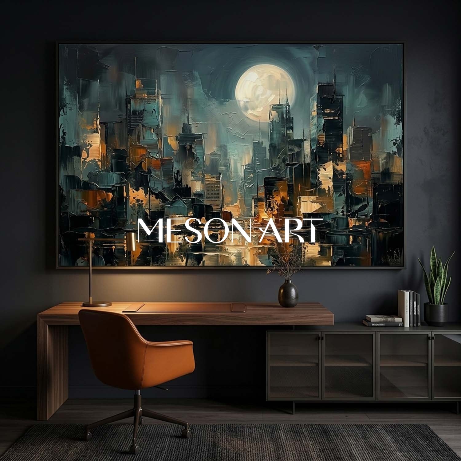 Abstract City Painting With Gold Accents For Modern Living Room Decor