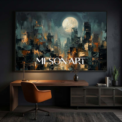 Abstract City Painting With Gold Accents For Modern Living Room Decor