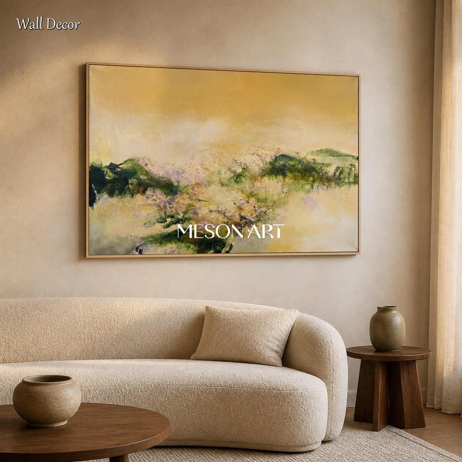 Beige And Green Abstract Expressionist Landscape Painting Rectangular Wall Art For Living Room By Mesonart