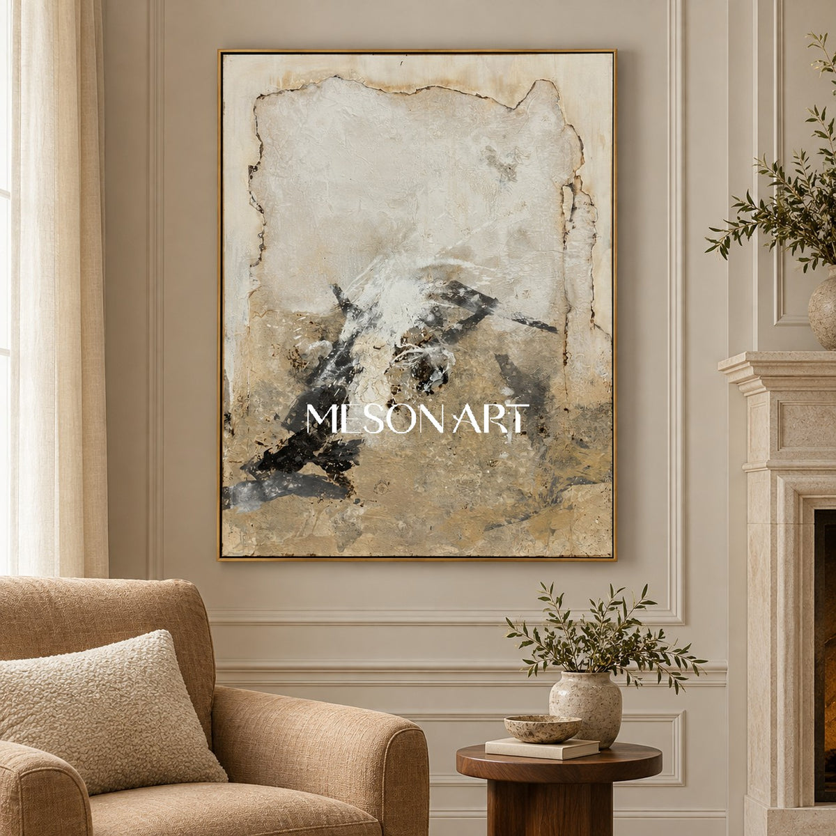 Black And Beige Abstract Art Original Artist Hand Painted Mixed Media Rectangular Wall Art For Living Room By Mesonart
