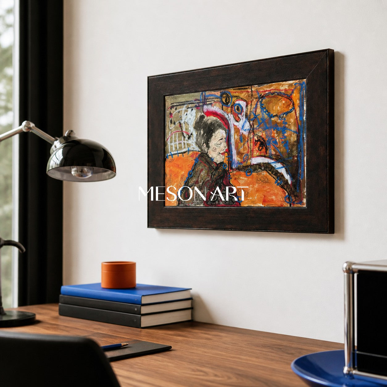 Orange And Black Figurative Painting Contemporary Original Artwork Rectangular Wall Art Gallery Collectible Fine By Mesonart