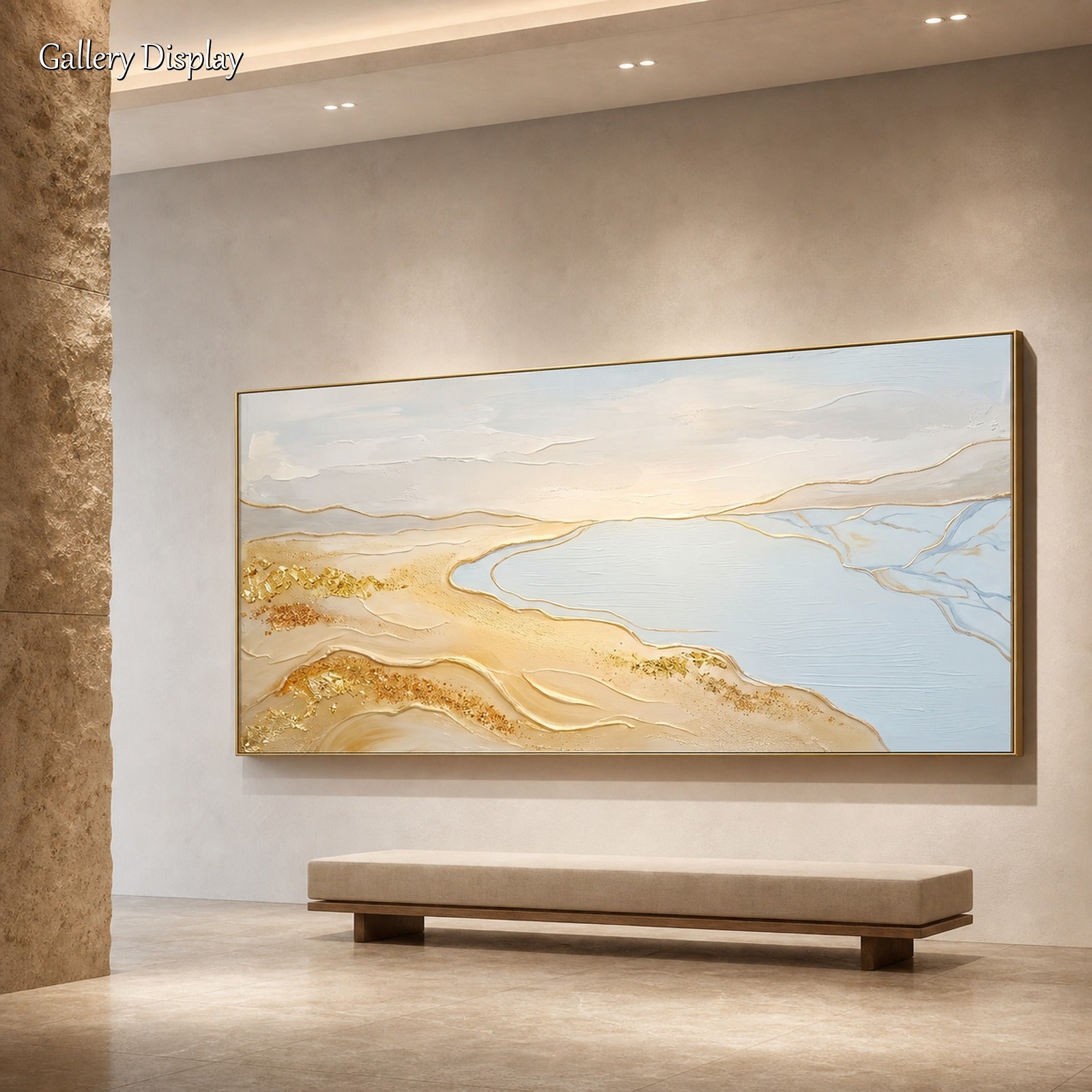 Grande quadro astratto con foglia d'oro raffigurante la spiaggia, con sabbia e mare – Decorazione da parete per il soggiorno