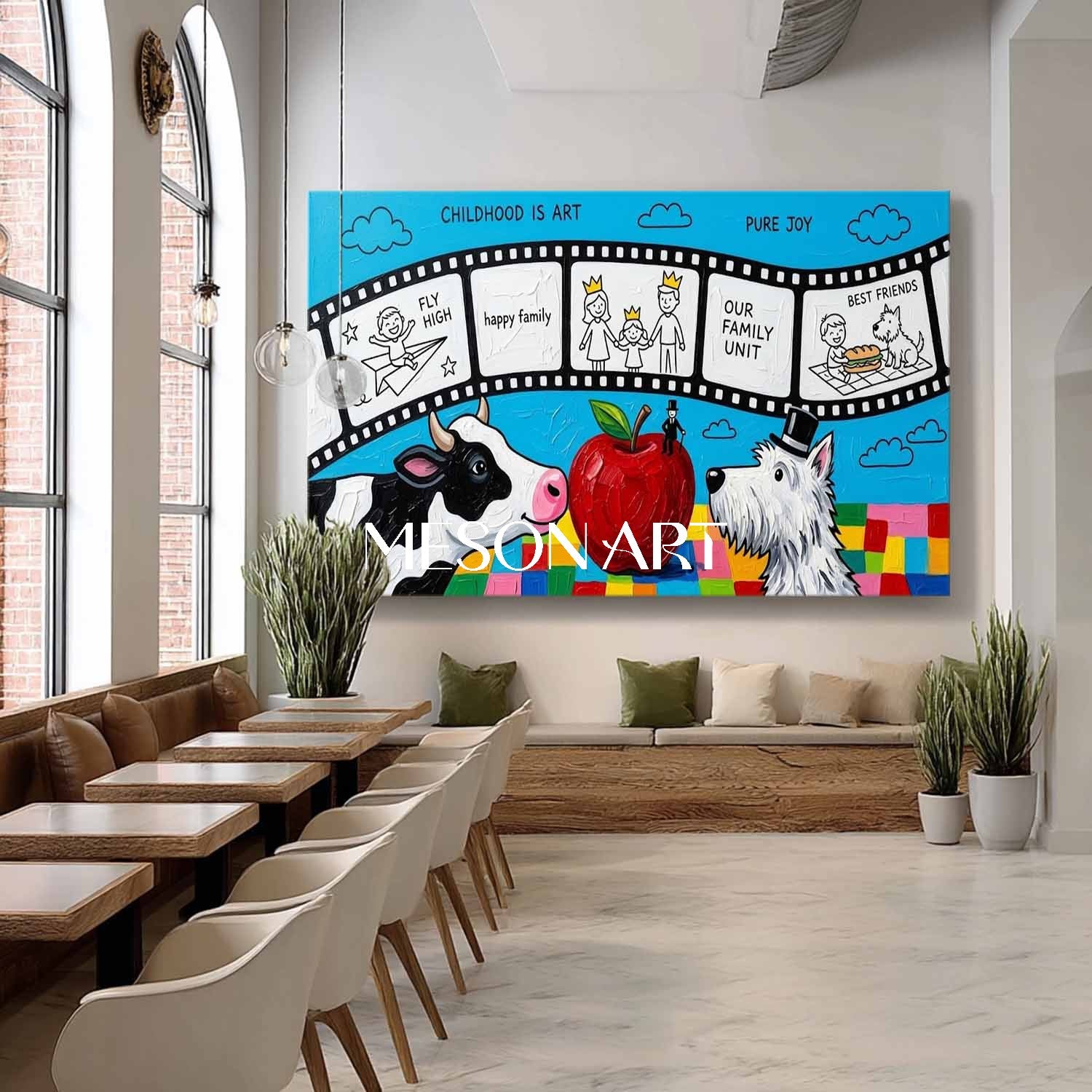 Whimsical Surrealist Painting With Animals And Apple For Kids Room Decor