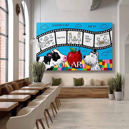 Whimsical Surrealist Painting With Animals And Apple For Kids Room Decor