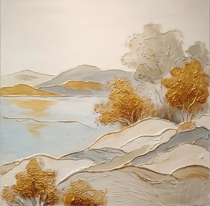 Trittico Art Déco raffigurante il paesaggio di Gold Lake, con pennellate delicate, per salotti moderni