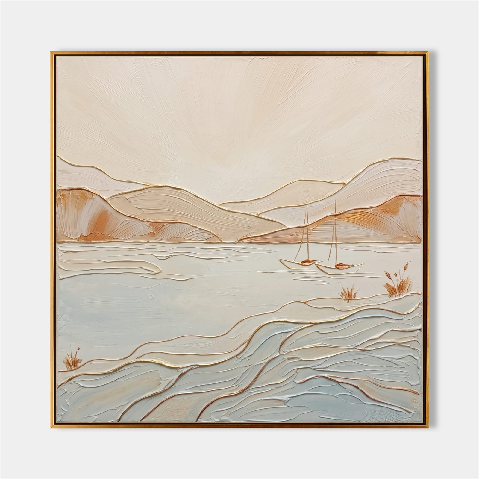 Arte minimalista in stile costiero con dettagli dorati per ambienti moderni