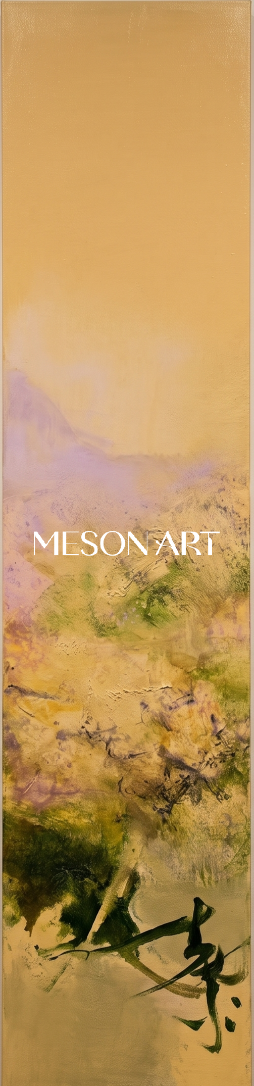 Gold And Green Abstract Expressionist Landscape Painting Rectangular Wall Art For Living Room By Mesonart