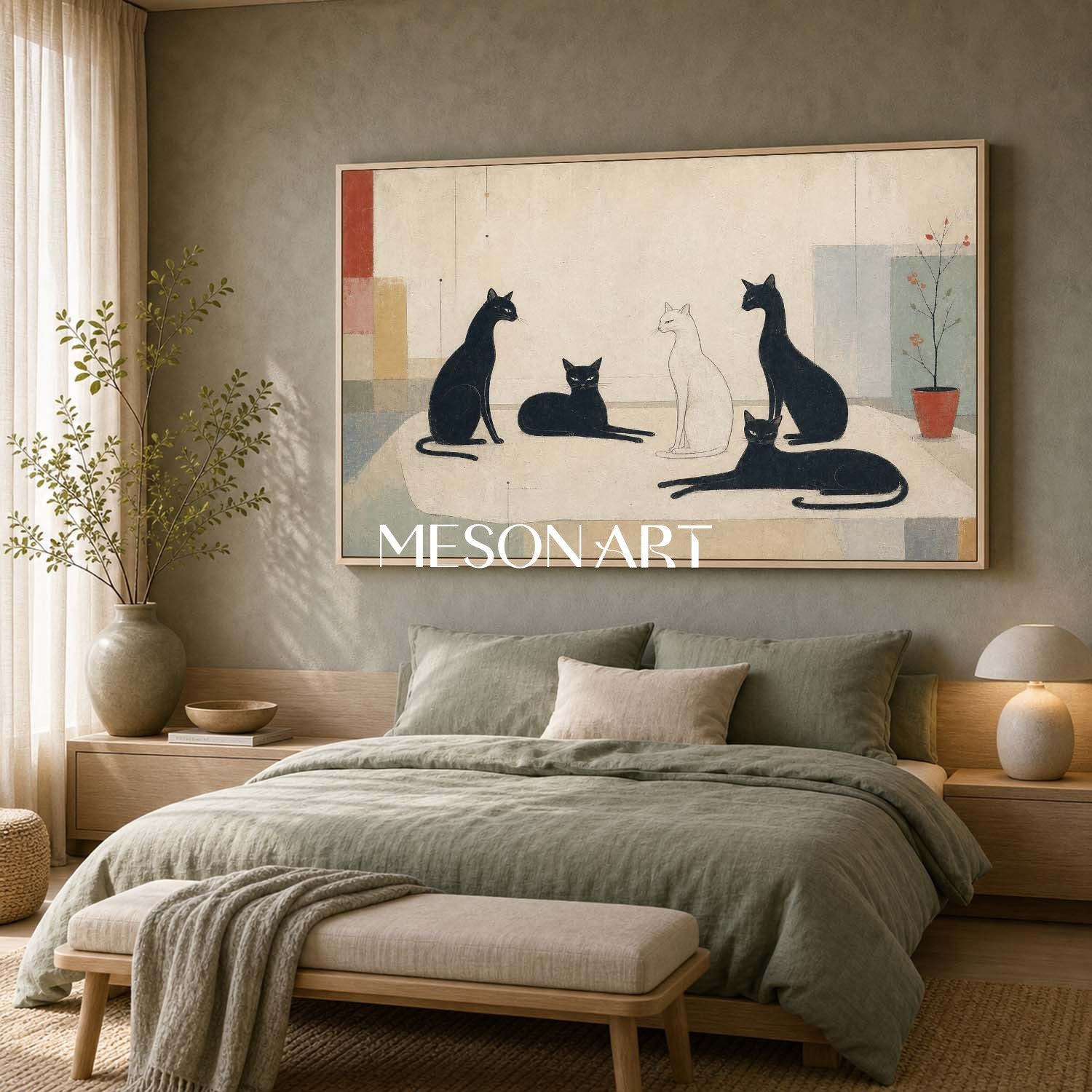 Minimalist Black And White Cat Painting For Modern Home Decor With Art Deco Style