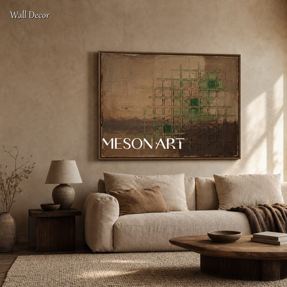 Minimalist Abstract Art With Earthy Tones And Textured Grid Pattern For Modern Living Spaces