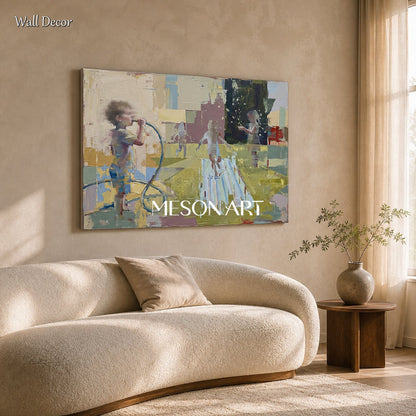 Beige And Green Contemporary Abstract Painting Rectangular Wall Art For Living Room By Mesonart