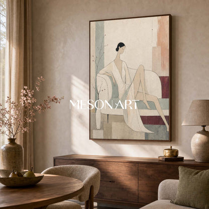 Minimalist Female Portrait Art In Beige And Gray Tones For Contemporary Home Decor